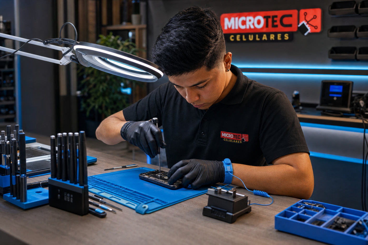 Técnico en taller de reparación de celulares usando Microtec Suite
